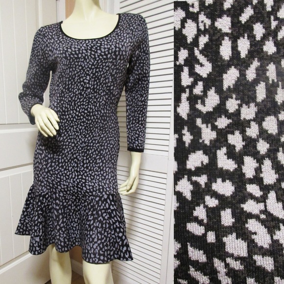 Rebecca Taylor Womens Sheath Bodycon Sweater Dress M Animal Print Black Silver